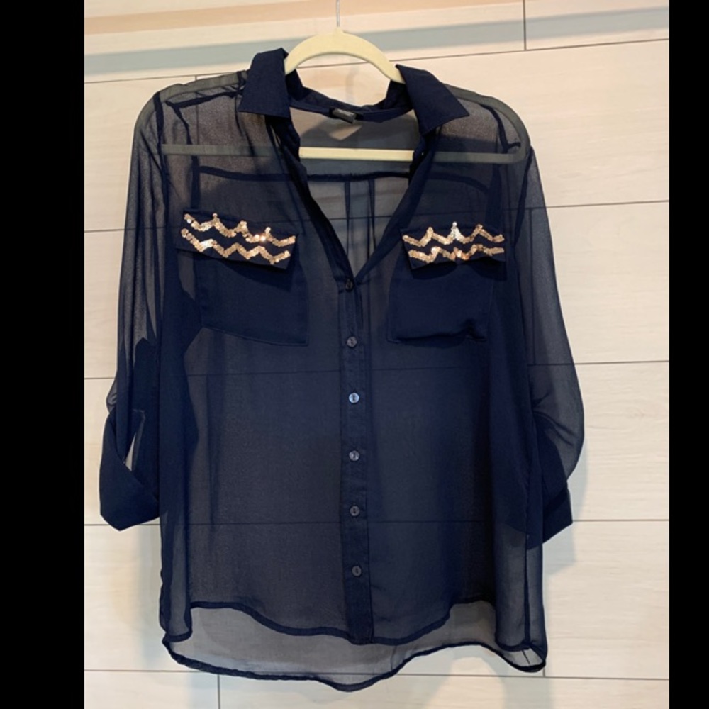 Navy sheer button up top